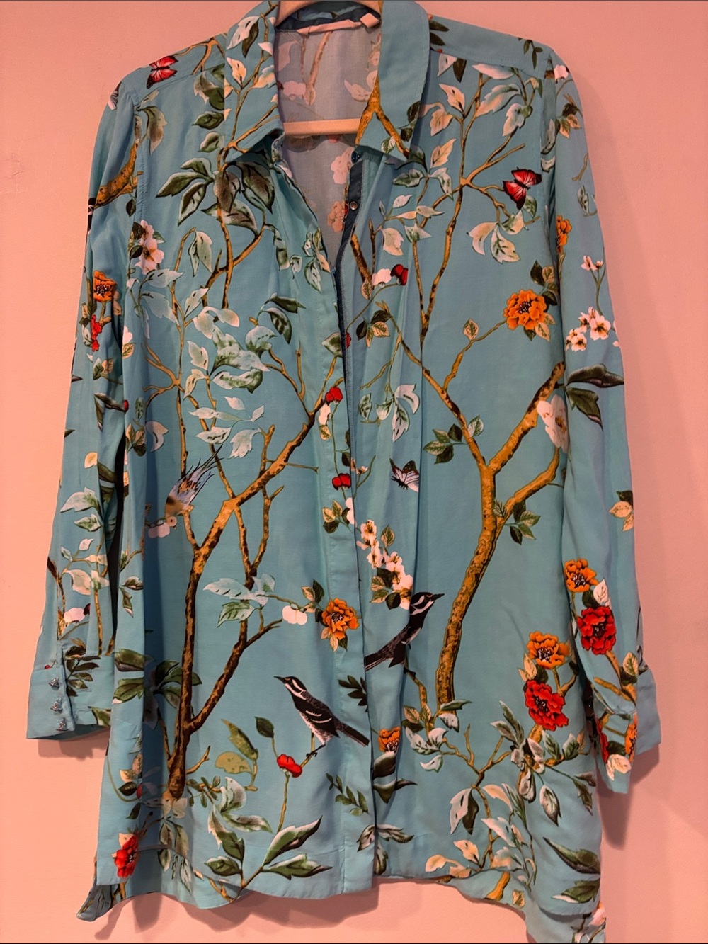 Floral Bird Print Button-Front Blouse - Blue